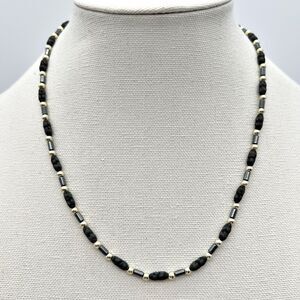 Surfer Style Unisex Necklace 20” Black Oblong Gold Tone Round Beaded Beach Aloha